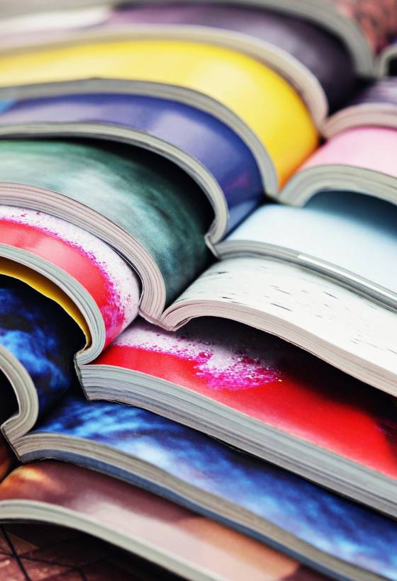 Aufgeschlagene Zeitschriften liegen übereinander